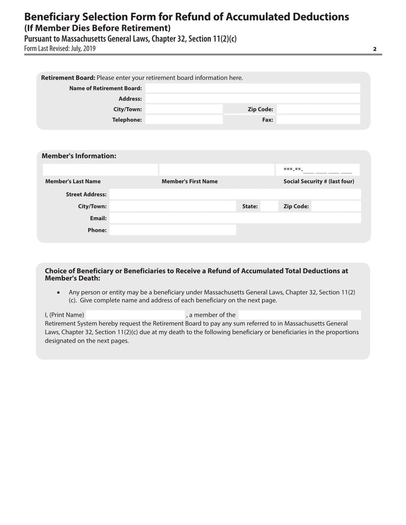 Large thumbnail of Massachusetts Beneficiary Selection Form for Refund of Accumulated Deductions