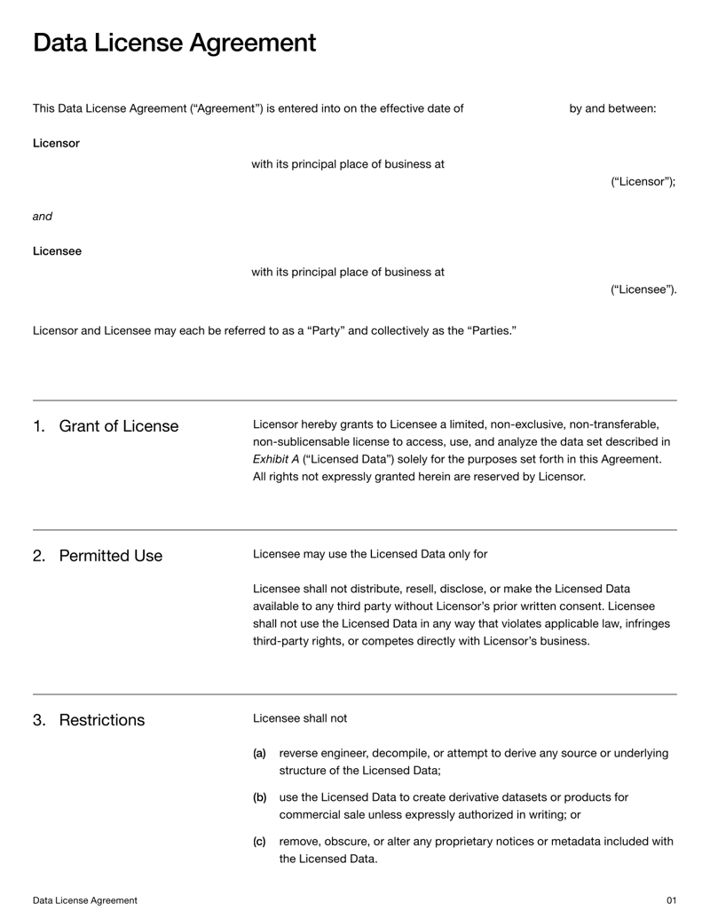 Data License Agreement Template defining data usage terms, confidentiality and compliance obligations
