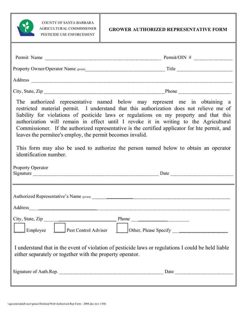 Large thumbnail of Authorized Representative Form - Jan 2017