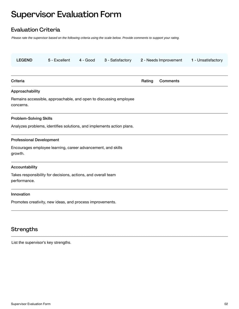 Supervisor Evaluation Form for assessing a supervisor's performance, leadership, and management skills
