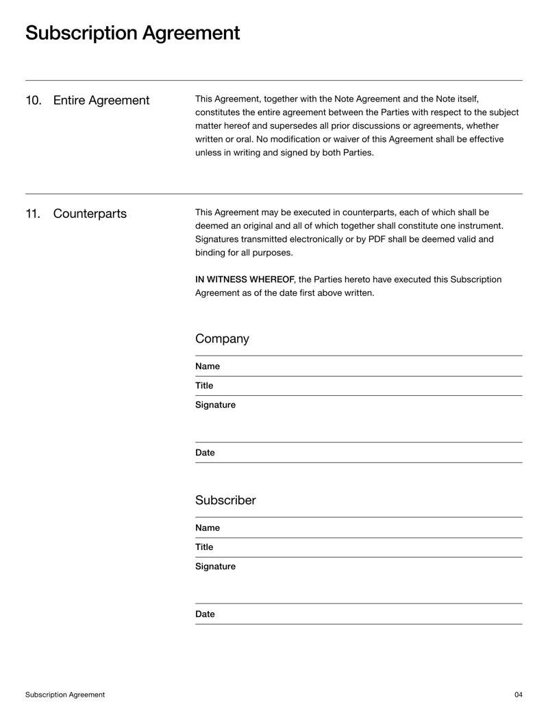 Subscription Agreement describing investor purchase terms, eligibility requirements and its connection to the Convertible Note Agreement