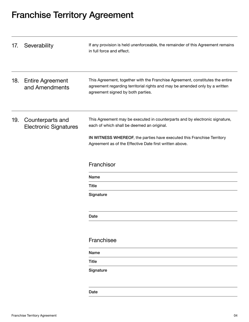 Franchise Territory Agreement defining geographic limits, exclusivity status and franchisor reserved rights