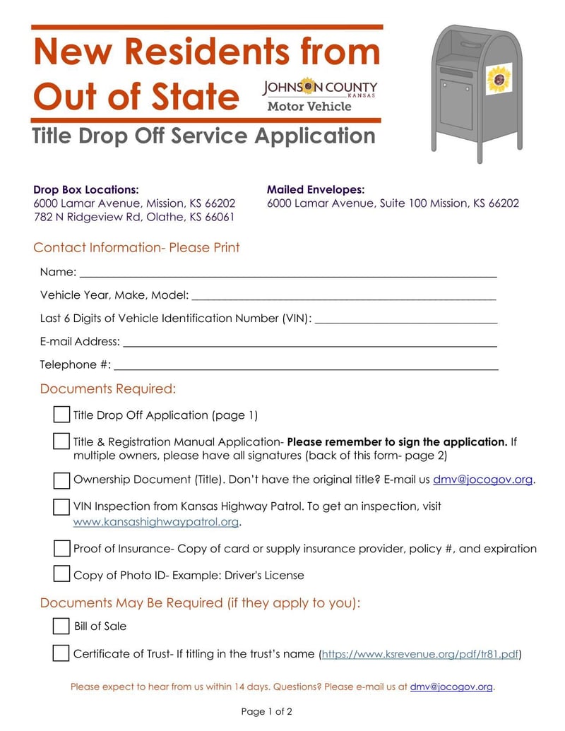 Large thumbnail of Johnson MV Title Drop Off Service Application for New Residents from Out of State