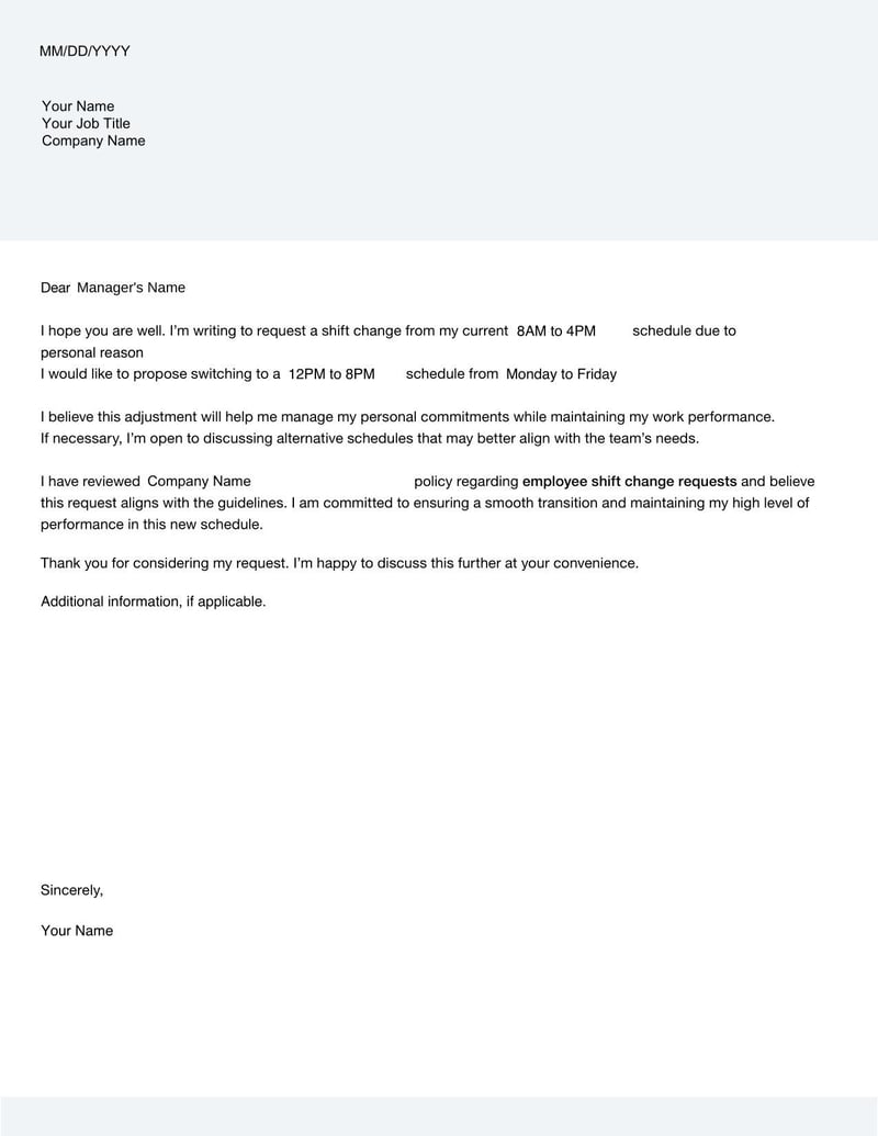 Request Shift Change Letter for formally asking to modify a work schedule