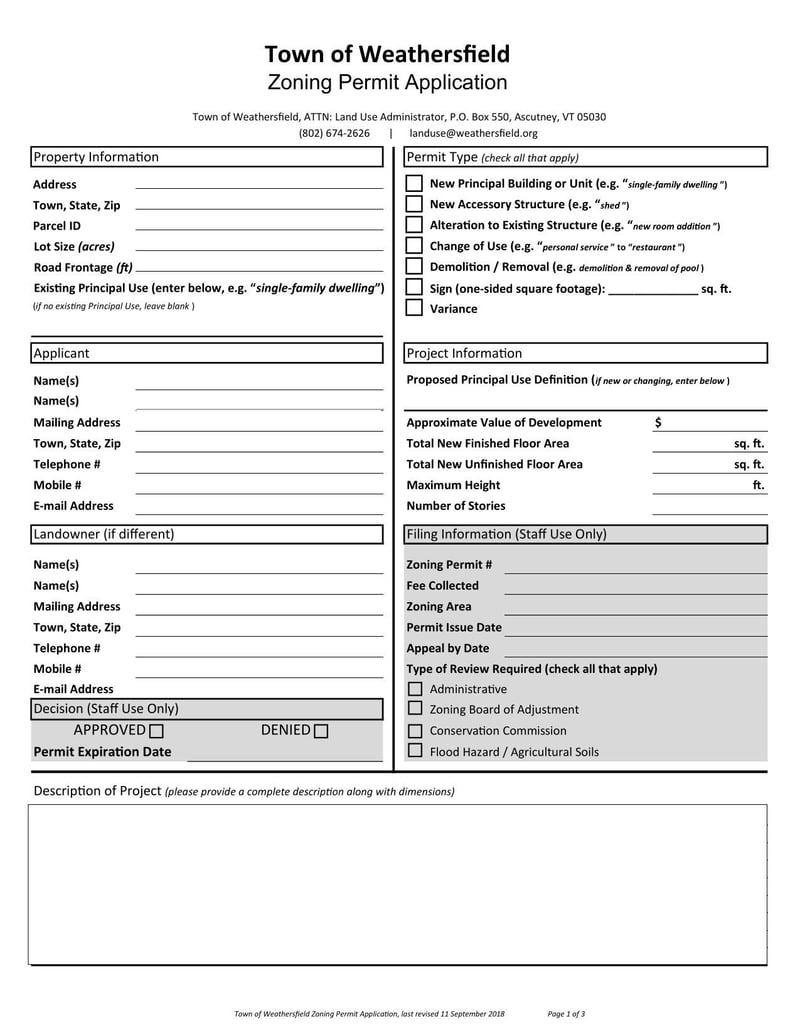 Large thumbnail of Town of Weathersfield Zoning Permit Application