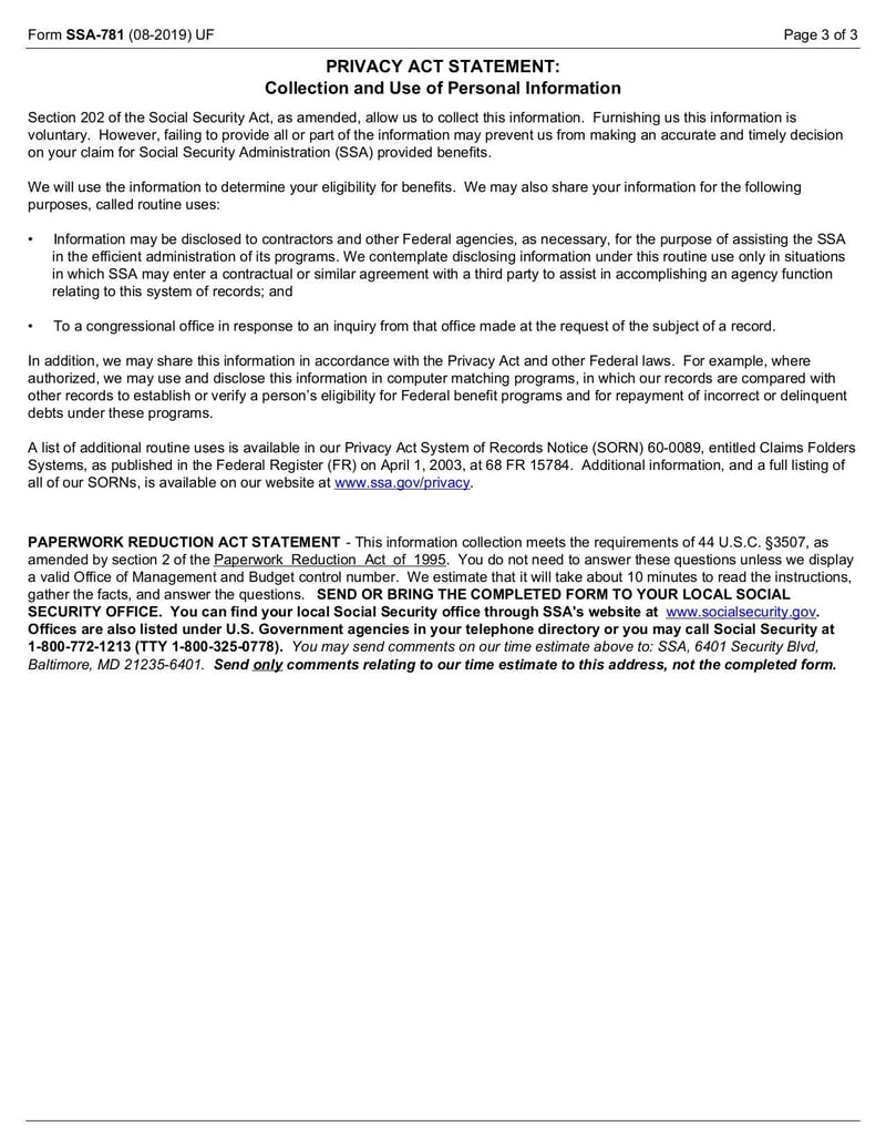 Large thumbnail of Certificate of Responsibility for Welfare and Care of Child Not in Applicant's Custody (Form SSA-781) - Oct 2019
