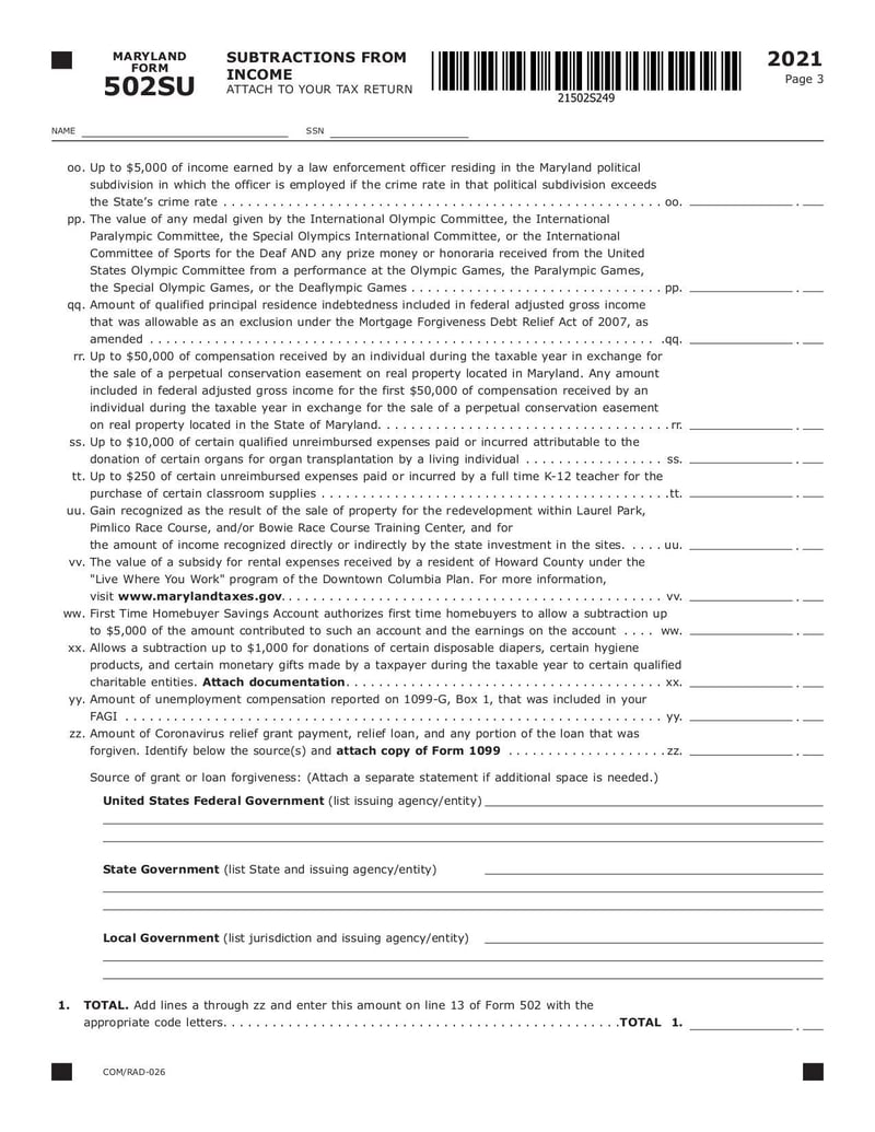 Large thumbnail of Maryland Tax Form 502SU - Jan 2022