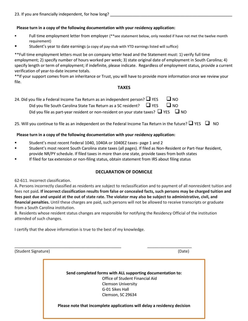 Large thumbnail of Clemson University Residency Application Independent Form