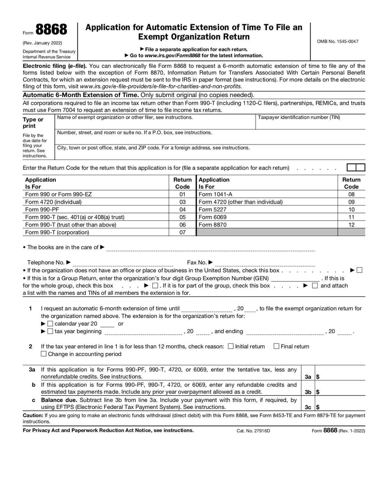 Large thumbnail of Form 8868 - Jan 2022