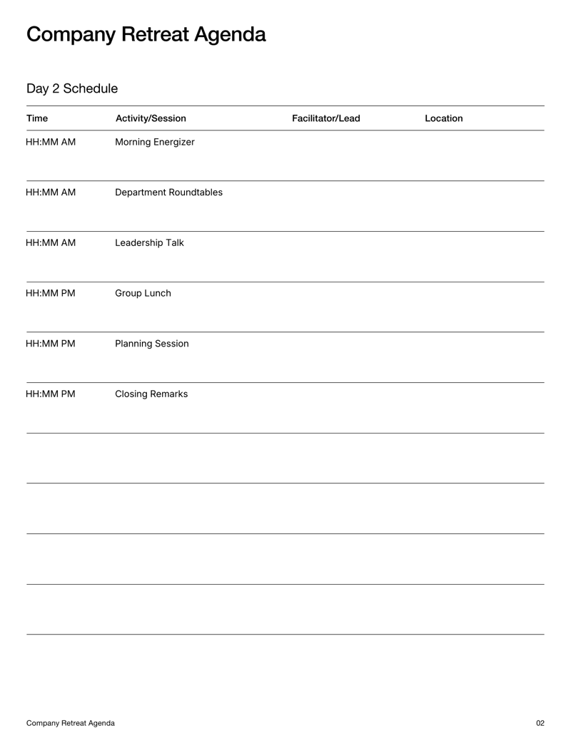 Company Retreat Agenda with daily schedules, activity tables, goals section and logistics details for event planning