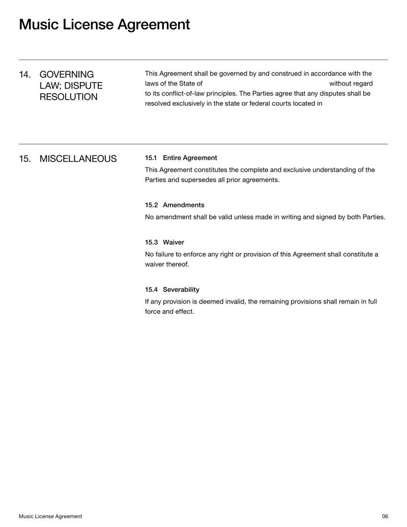 Music License Agreement for granting legal rights to use music under defined conditions