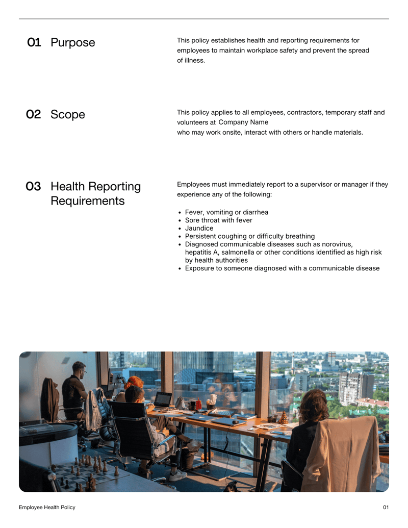 Employee Health Policy template with sections for reporting symptoms, workplace restrictions, hygiene rules and signature fields