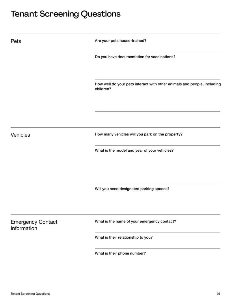 Tenant Screening Questions Template with key questions to assess a prospective tenant’s rental history, income, employment, and references