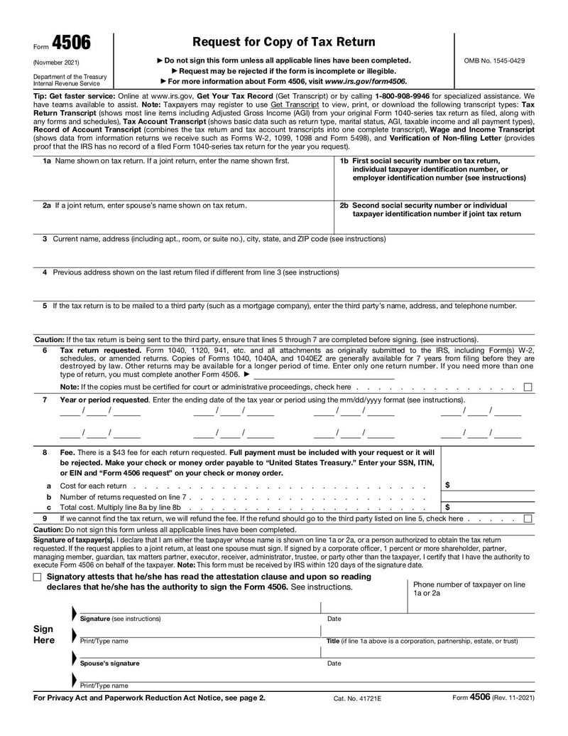 Large thumbnail of Form 4506 - Nov 2021