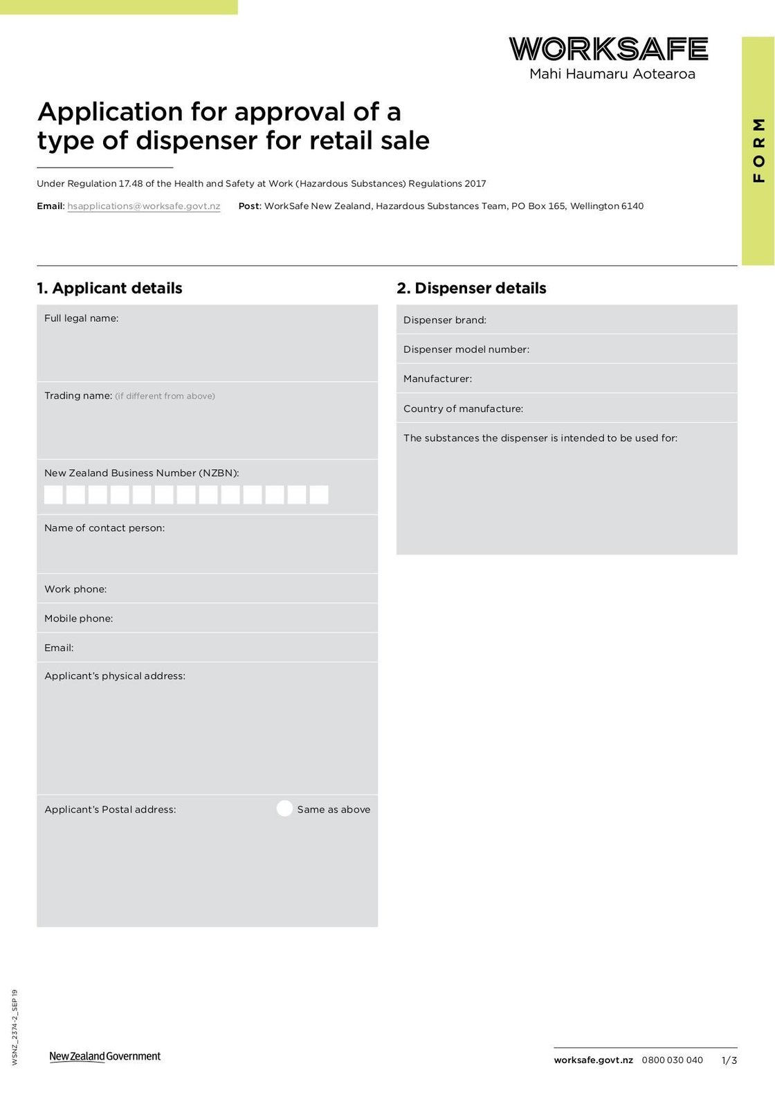 Application for Approval of a Type of Dispenser for Retail Sale | Fill ...