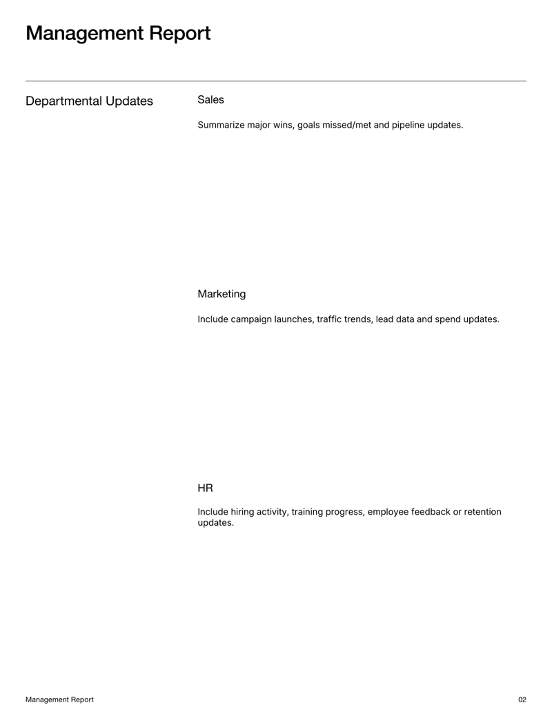 Management Report for summarizing business metrics, financials and departmental updates