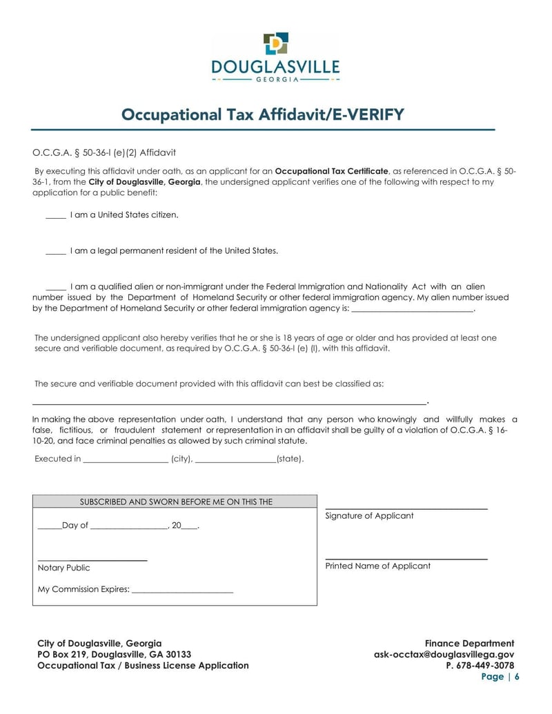 Large thumbnail of Douglasville Occupational Tax Registration Application