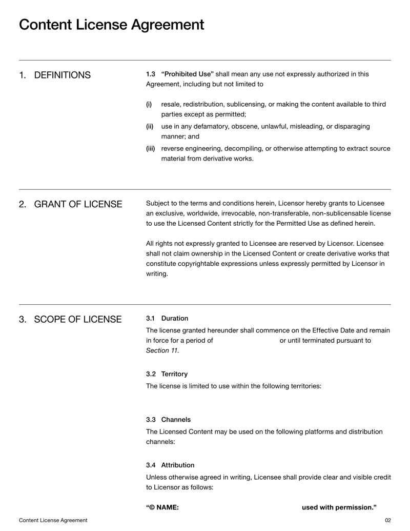 Content License Agreement detailing usage terms, rights and restrictions for licensed creative works