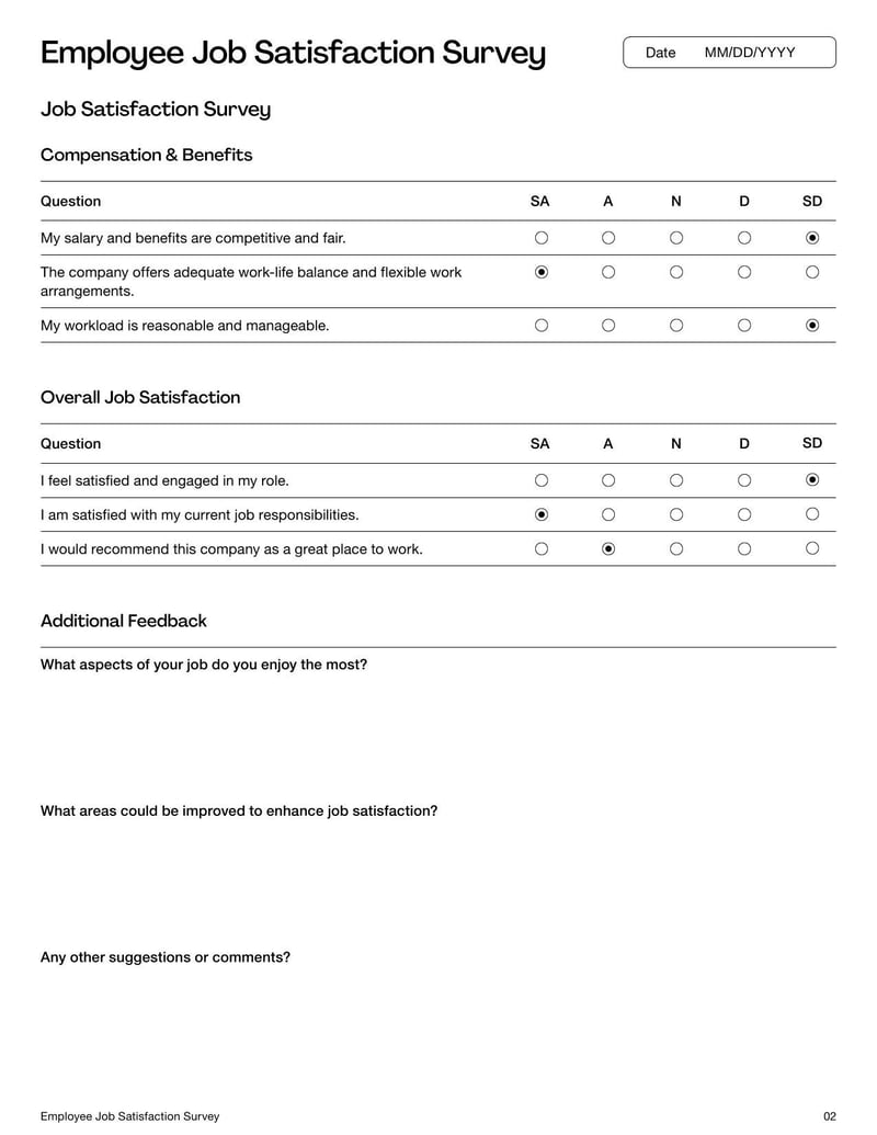 Employee Job Satisfaction Survey for assessing workplace satisfaction, engagement, and areas for improvement