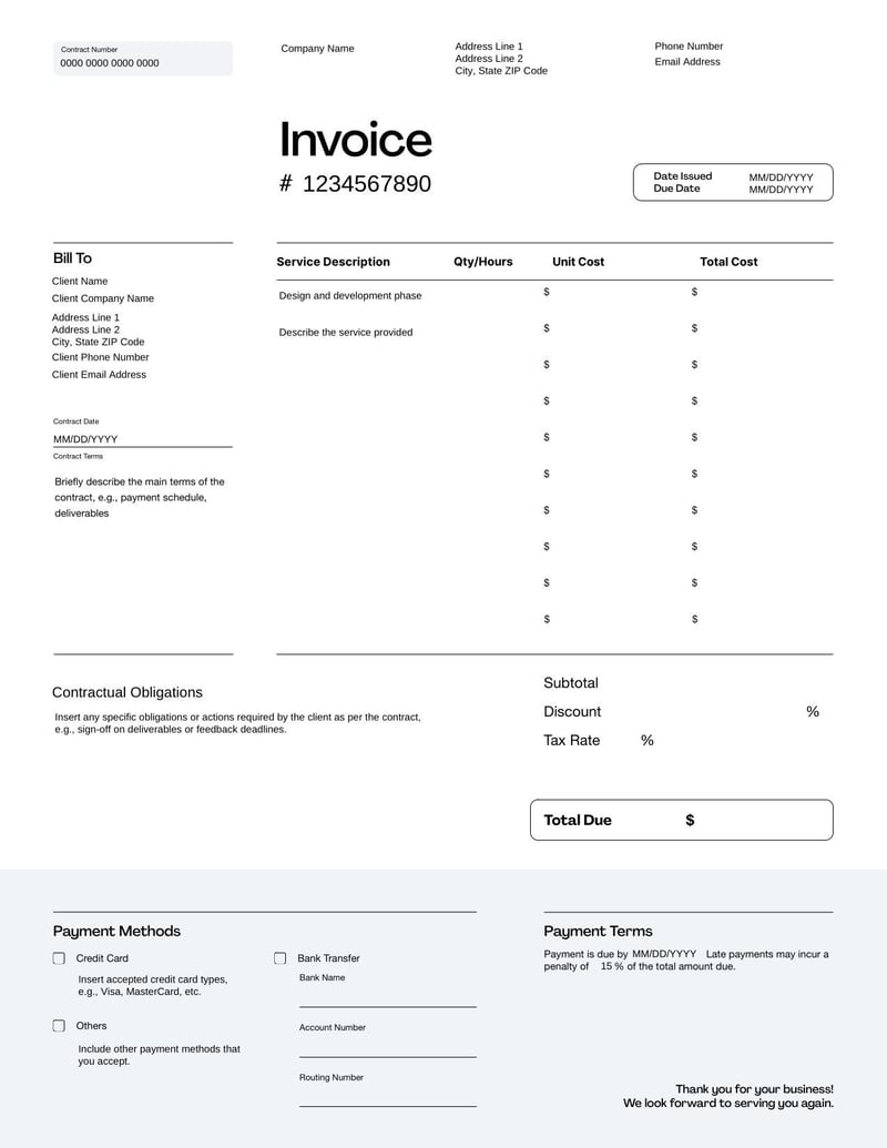 Contract Invoice for billing based on terms of a service or employment contract