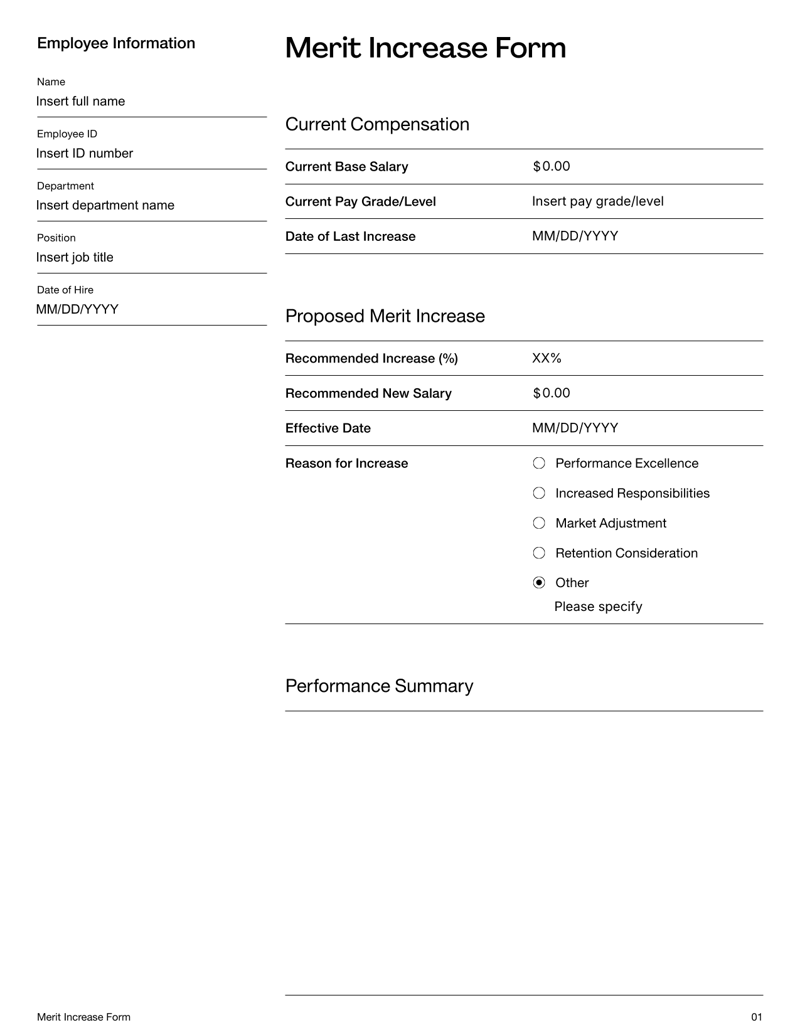 Merit Increase Form with sections for employee details, current and proposed salary, performance justification and approval signatures