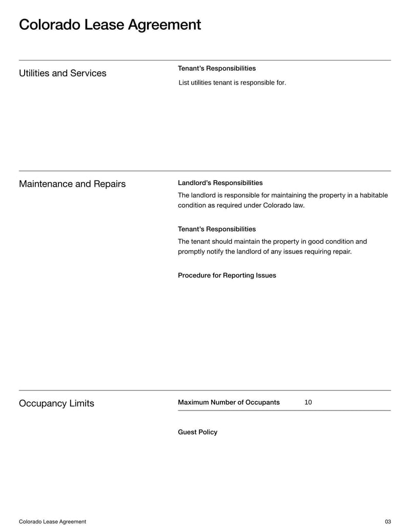 Colorado Lease Agreement for rental terms in Colorado