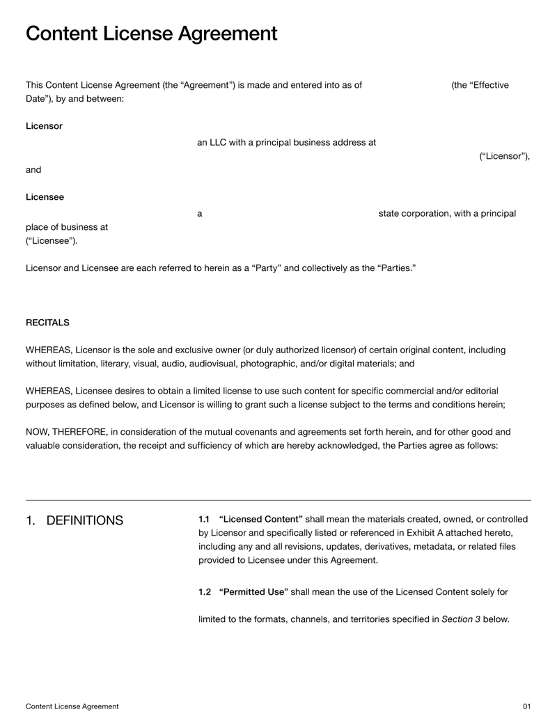 Content License Agreement detailing usage terms, rights and restrictions for licensed creative works
