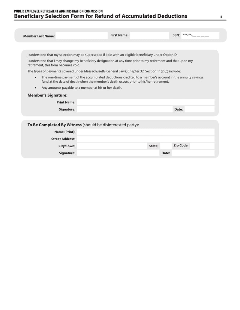 Large thumbnail of Massachusetts Beneficiary Selection Form for Refund of Accumulated Deductions