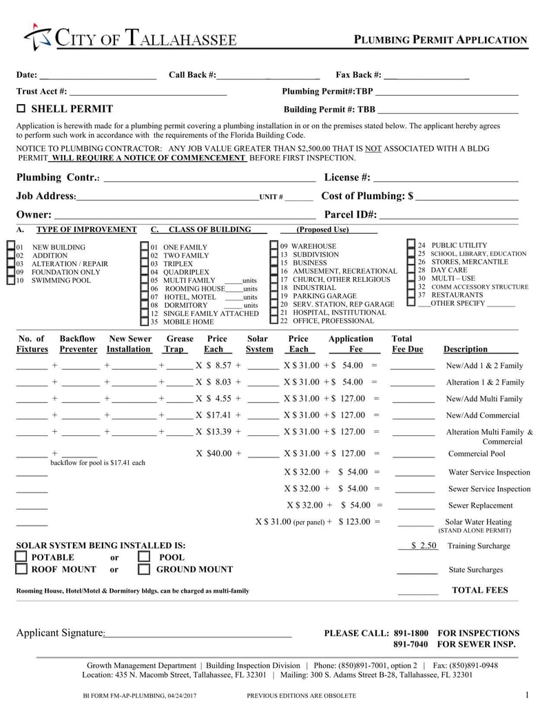 Large thumbnail of Tallahassee Plumbing Permit Application
