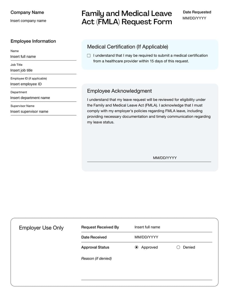 FMLA Request Form for submitting a formal leave request under the Family and Medical Leave Act