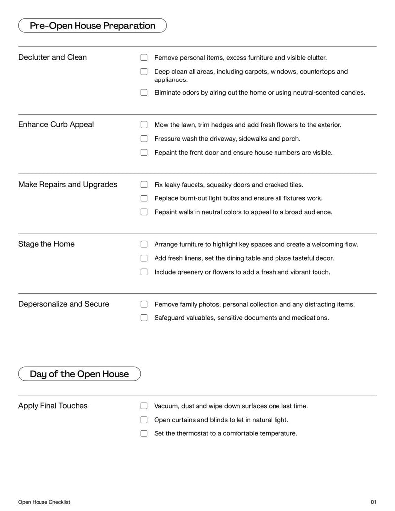 Open House Checklist for organizing and preparing a property for showings