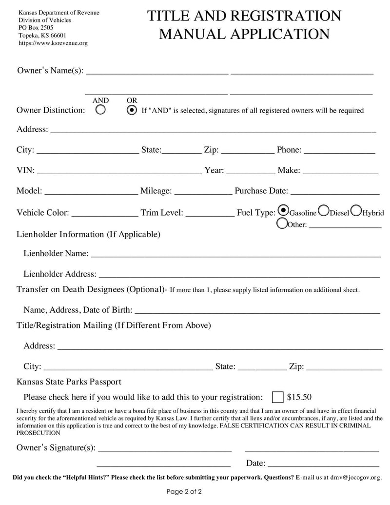 Large thumbnail of Johnson MV Title Drop Off Service Application for New Residents from Out of State