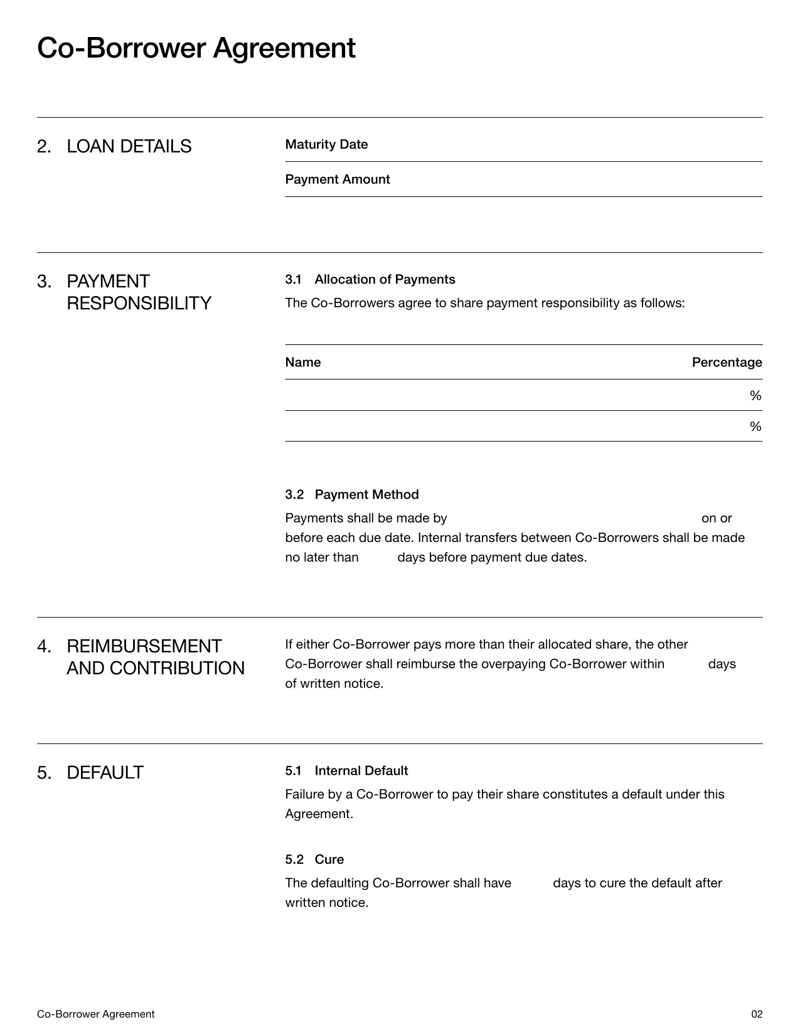Co-Borrower Agreement defining internal payment allocation, reimbursement duties and shared loan responsibility