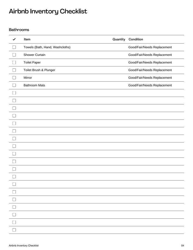 Airbnb Inventory Checklist for hosts to track property items, conditions and guest-ready supplies