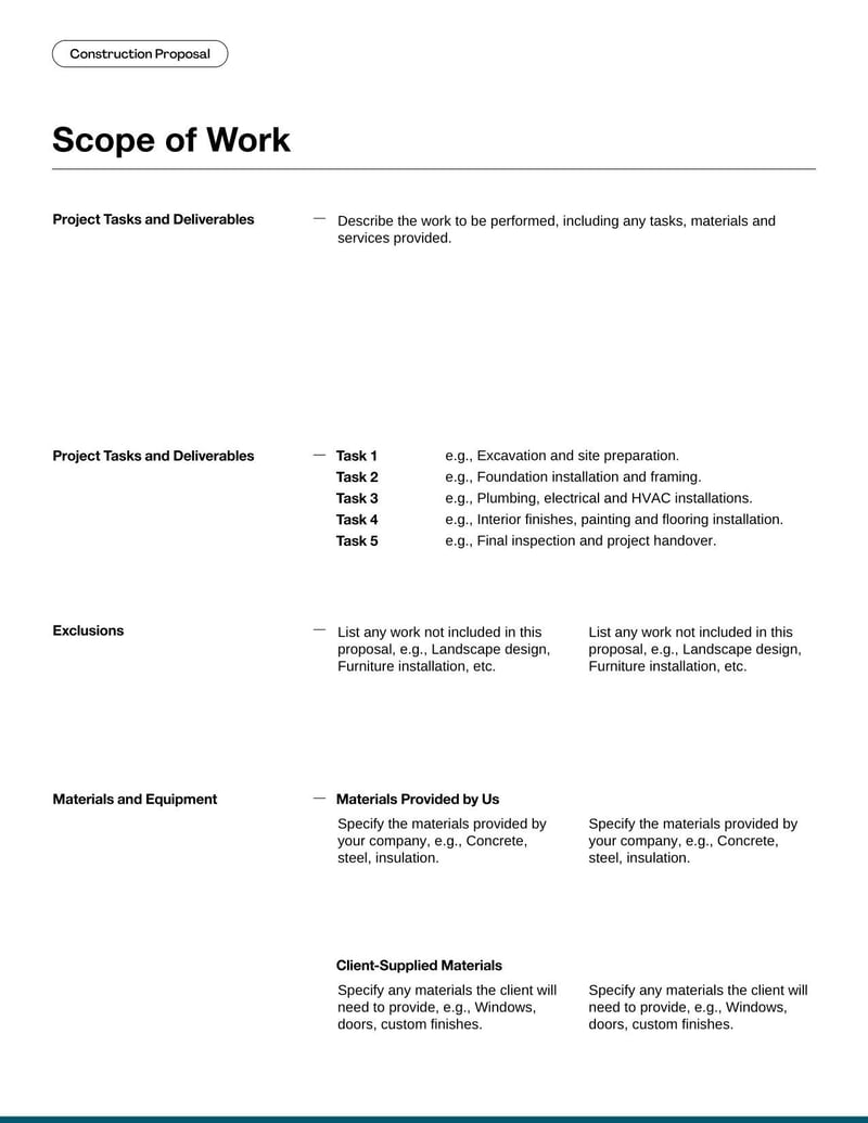 Construction Proposal Template for outlining project scope and cost in construction