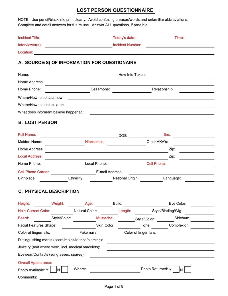 Large thumbnail of Lost Person Questionnaire - Nov 2014
