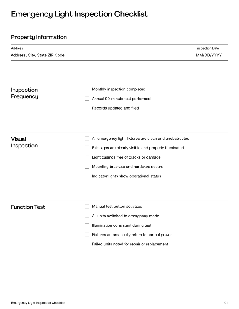 Emergency Light Inspection Checklist form with items for visual checks, function tests, battery verification and recordkeeping