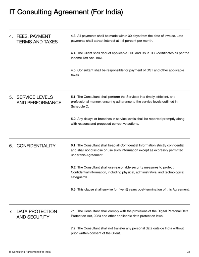 IT Consulting Services Agreement (India) outlining legal terms for IT services, data protection, and payment obligations.
