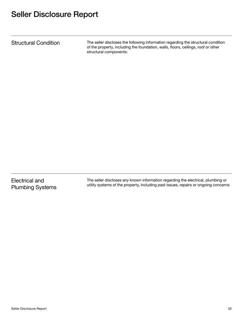 Seller Disclosure Report document with narrative sections for property condition, systems, repairs, legal matters and seller declaration