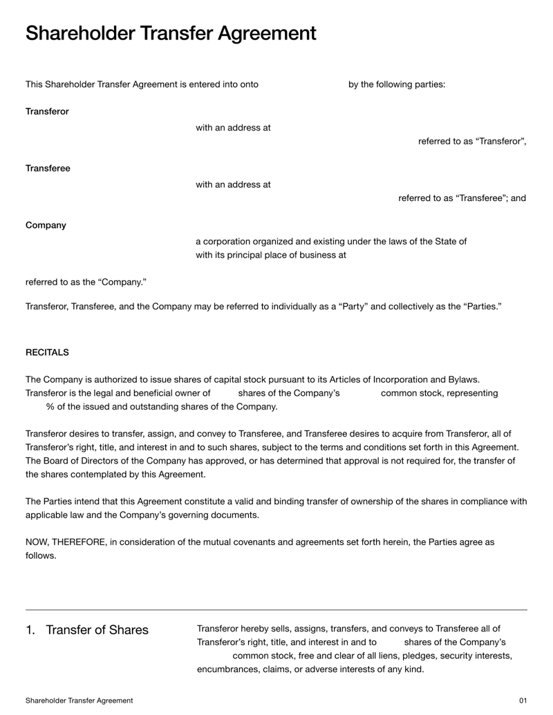 Shareholder Transfer Agreement documenting the sale and transfer of company shares and shareholder obligations