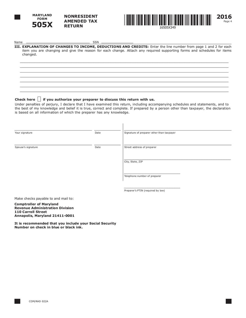 Large thumbnail of Maryland Form 505X - Sep 2017