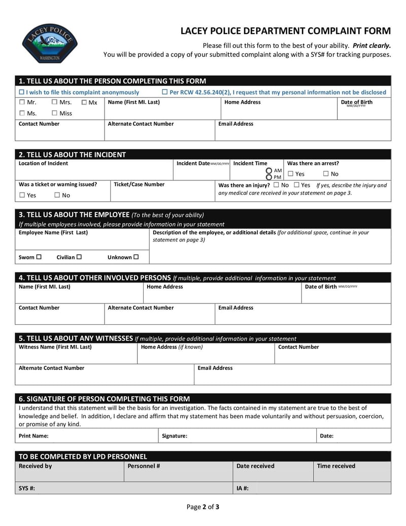 Large thumbnail of Lacey Police Department Complaint Form - Sep 2020