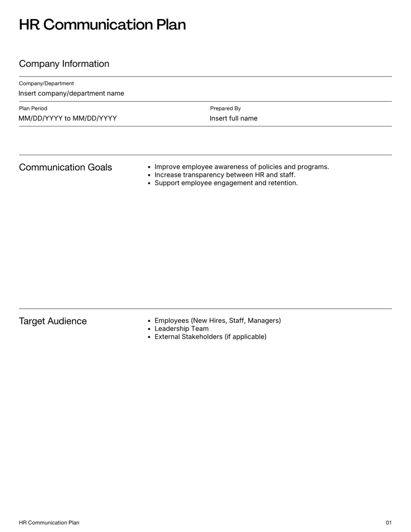 HR Communication Plan with sections for goals, audience, key messages, channels and evaluation metrics