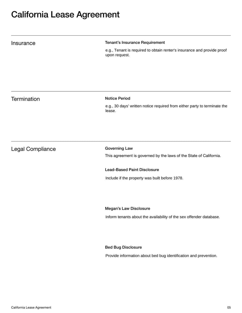 California Lease Agreement for rental terms in California