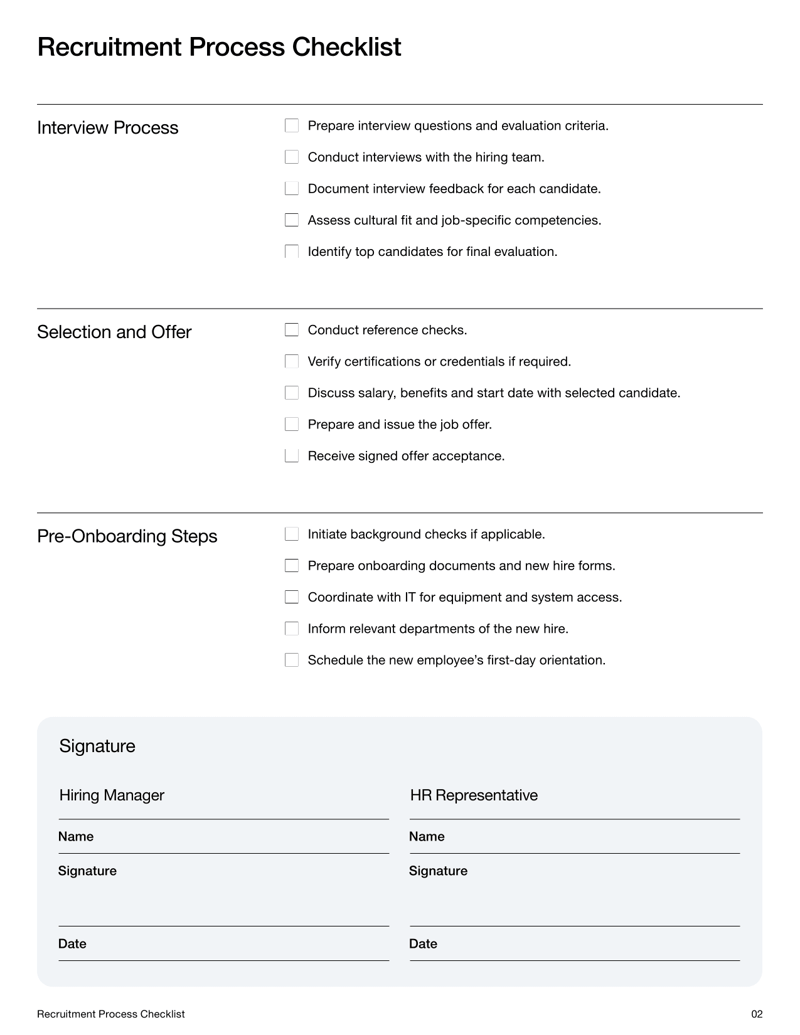 Recruitment Process Checklist with sections for job posting, candidate screening, interviews, selection and onboarding steps