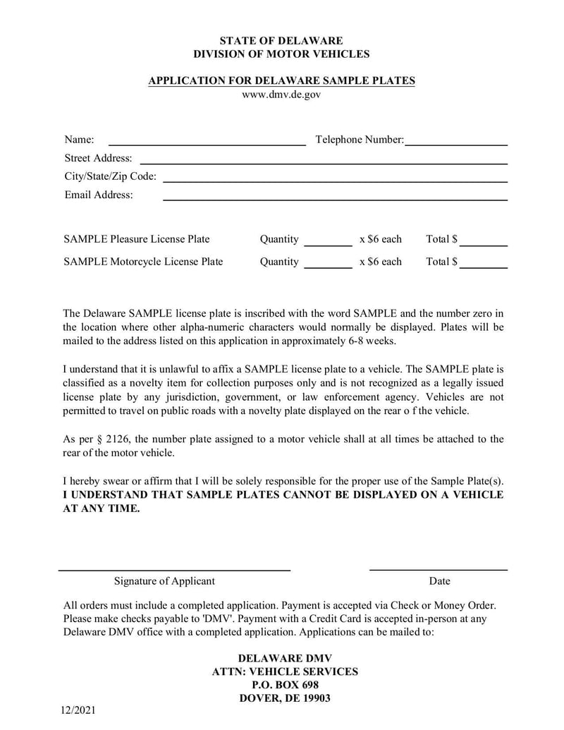 Large thumbnail of Sample License Plate Request Form - Dec 2021