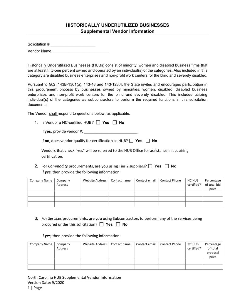 Thumbnail of Form HUB Supplemental Vendor Information - Sep 2020 - page 0