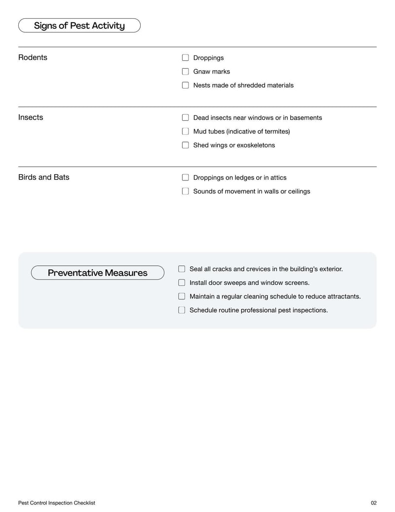 Pest Control Inspection Checklist for identifying and documenting pest issues in a property