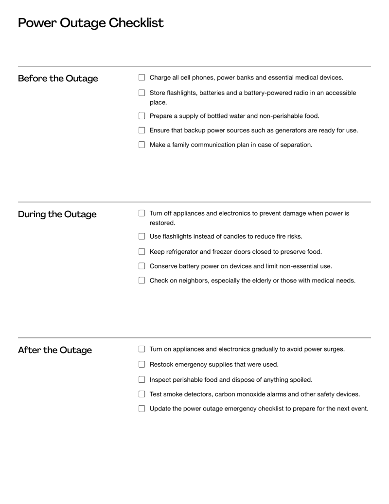 Power Outage Checklist Template with sections for preparation before an outage, safety measures during and recovery steps after