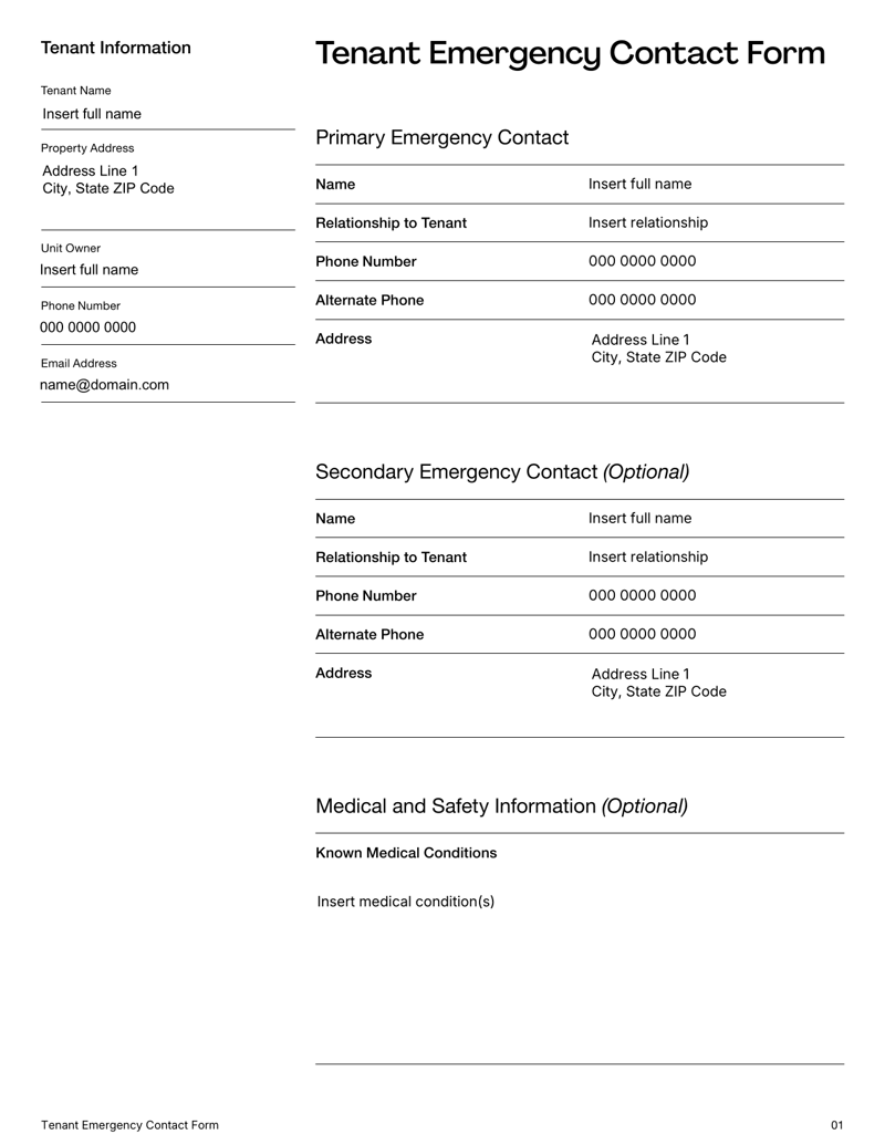 Tenant Emergency Contact Form with sections for tenant details, primary and secondary emergency contacts and authorization